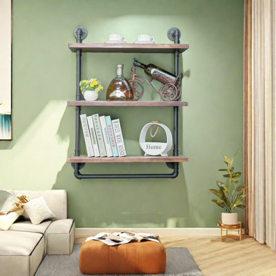 Tablettes flottantes de style industriel avec barre à serviettes, tablette de style rétro de style campagnard de 24 pouces pour la salle de bain, fixation murale (3 niveaux)