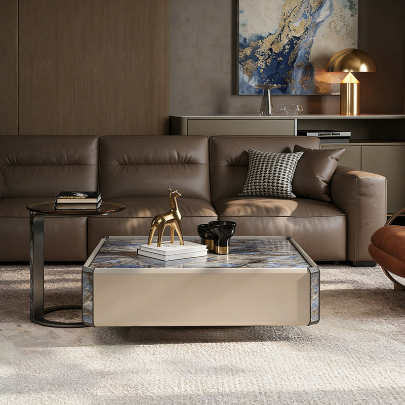 Ensemble de tables basses carrées pour petit appartement, H 14,17 po x L 31,49 po x l 31,49 po, Fauve / bleu