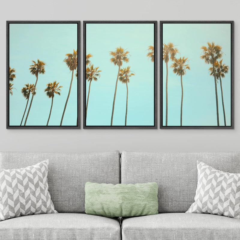 Beach And Plants " Hazy Effect - Tropical Green Palm Trees Coastal Beachy Decor Photography Modern Art Pictures Relax " 3 - Pieces