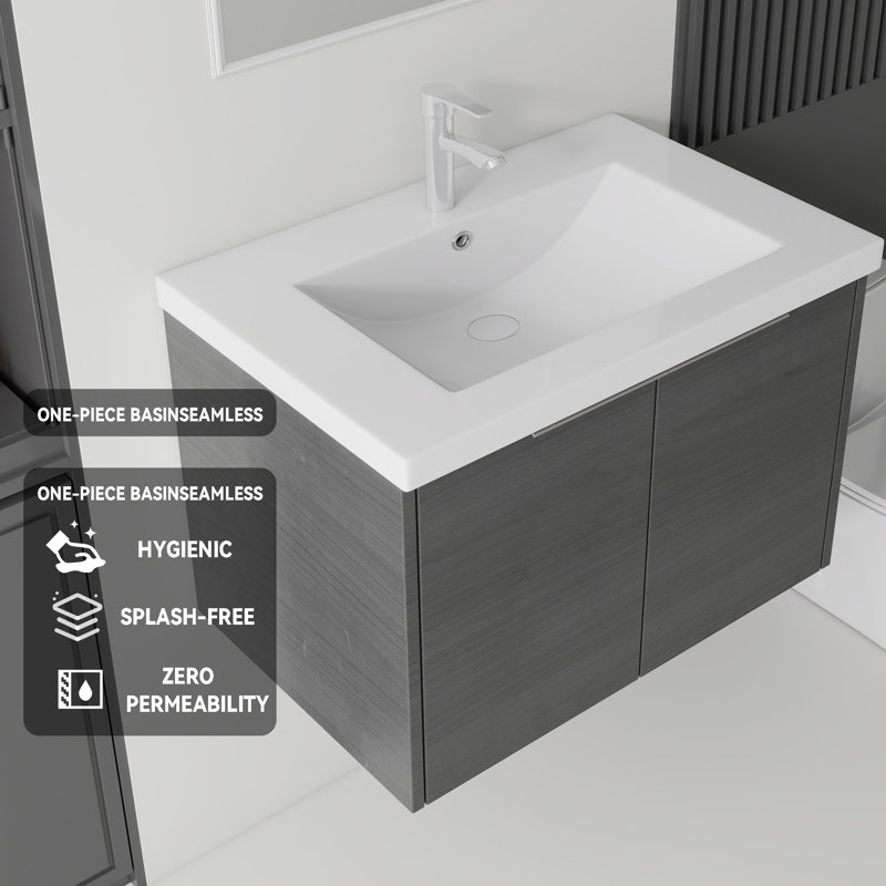 Meuble-lavabo flottant avec lavabo, Gris, L 30 po