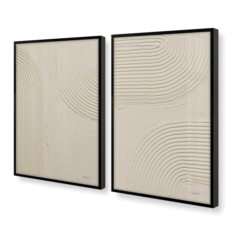 «Echoed Curves in Beige», ensemble de 2 impressions, Cadre noir satiné, H 37,5 po x l 51 po