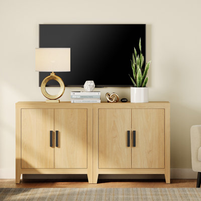 Farmhouse Tv Stand For Tvs Up To 65 Inch, Rustic Wood Entertainment Center & Media Console With 4 Storage Doors, Accent Cabinet For Living Room, Hallway, Oak