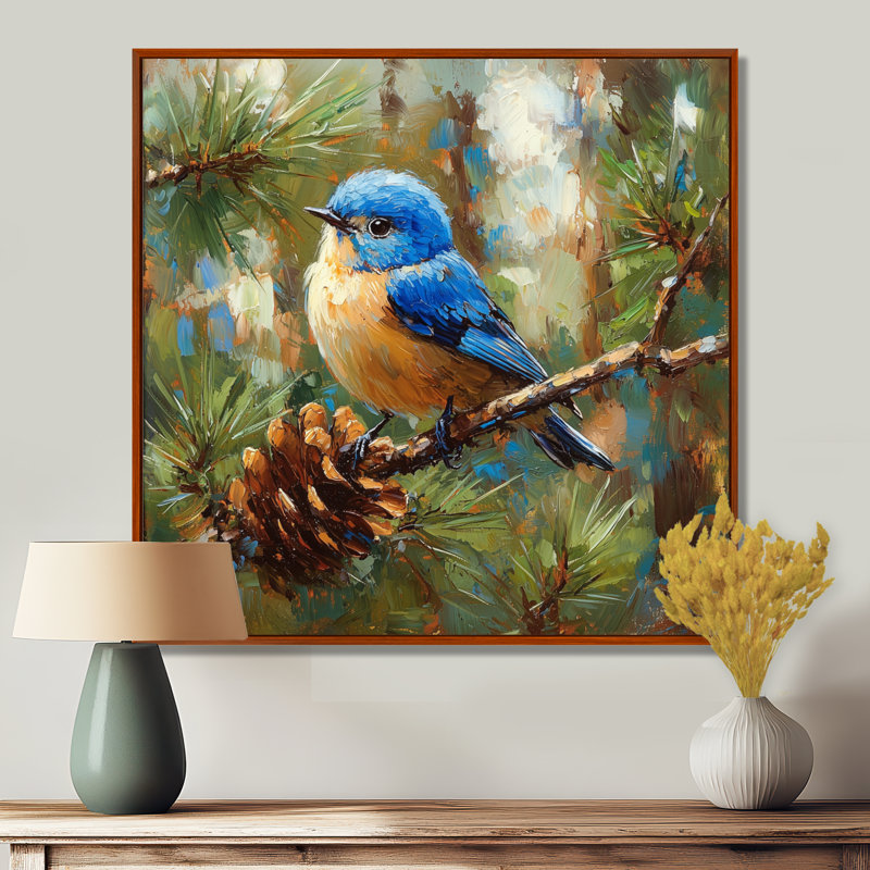 «Cheery Bluebird In The Pines II», art mural oiseau, Impression encadrée flottante, H 36 po x l 36 po, Brun