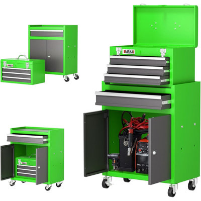 Caisse à outils roulante à 4 tiroirs avec coffre à outils amovible, grande armoire de rangement mobile en métal avec roulettes pour garage et atelier, vert