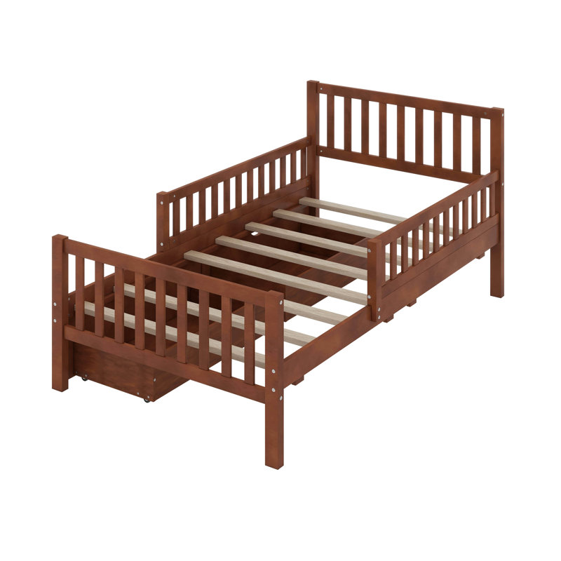 Wood Platform Bed With Guardrails On Both Sides And Two Drawers, Twin