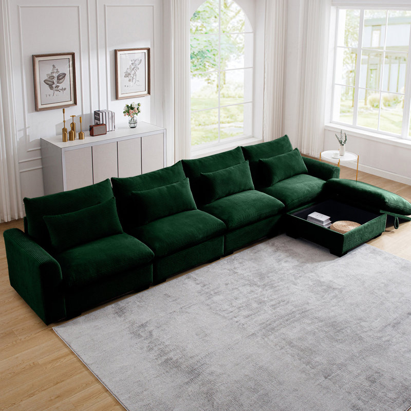 Canapé modulaire en velours côtelé avec repose-pieds avec rangement et 4 coussins de taille - Grand tabouret confortable en forme de L à assise profonde, confortable et ergonomique