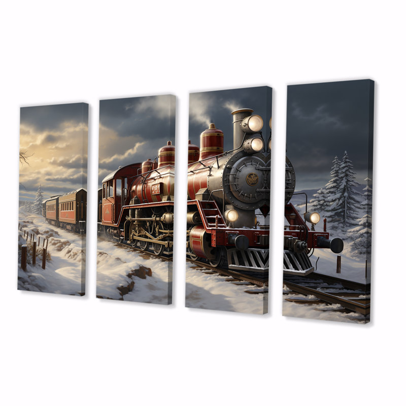 Train de Noël campagne d'hiver - train de transport, ensemble d'art mural 4 pièces, H 32 po x l 64 po