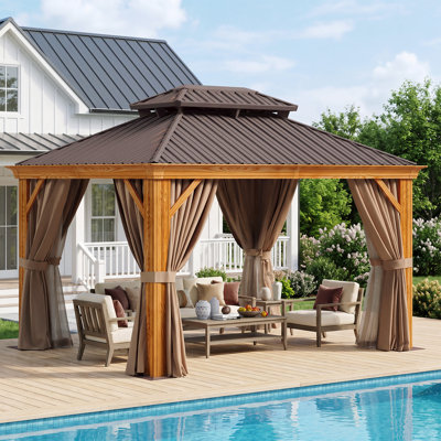 10' x 12' Wood-Grain Aluminum Hardtop Gazebo with Curtains, Mesh Netting & Ceiling Hooks