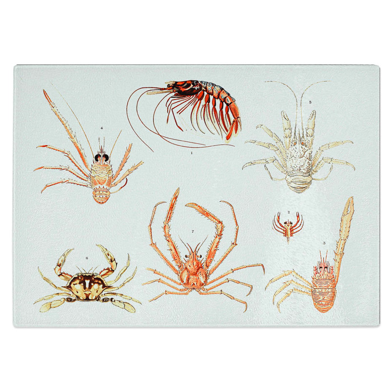 Tempered Glass Crabs and Shrimps Chopping Board, 39 cm W x 28.5 cm L