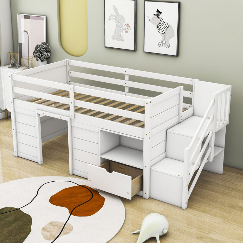 Jacquece Twin Size Wood Loft Bed With Drawer Shelves And Staircase, White