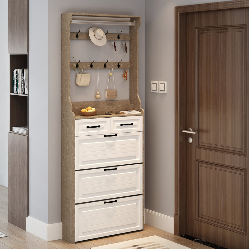 Armoire à chaussures blanche spacieuse avec 3 portes, 2 tiroirs et un cintre, idéale pour les solutions de rangement modernes