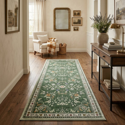 Machine-washable runner carpet Green bohemian floral carpet Hallway carpet