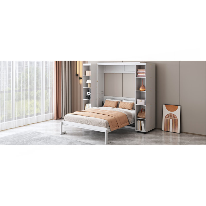 Grand lit escamotable mural avec portes de rangement, blanc