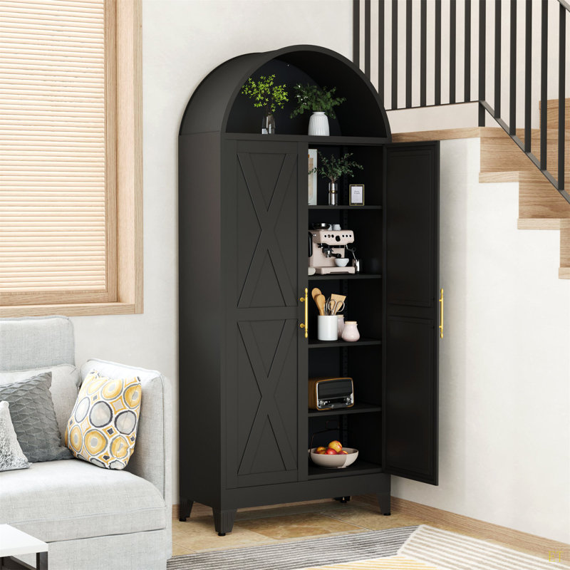 A 73-Inch (Approximately 180.6 Cm) Metal Arched Kitchen Food Cabinet, A Modern Farmhouse Chinese-Style Storage Cabinet With 2 Doors And Adjustable Shelves, Is A Multi-Functional Cabinet Suitable For Kitchens, Dining Rooms, Bathrooms And Bedrooms