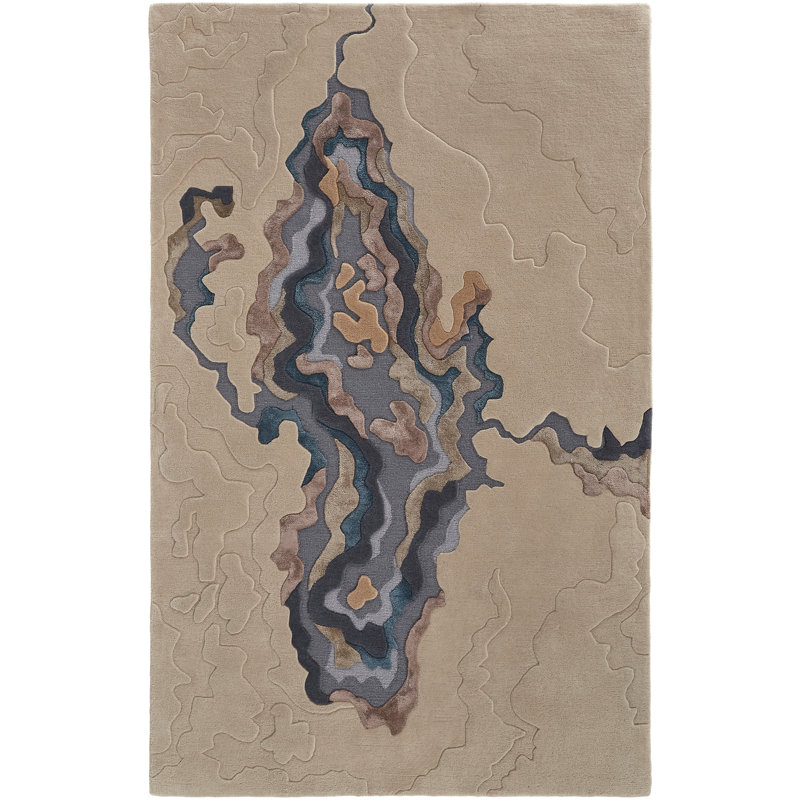 Tapis moderne en laine, bleu / beige, Rectangle 5 pi x 8 pi