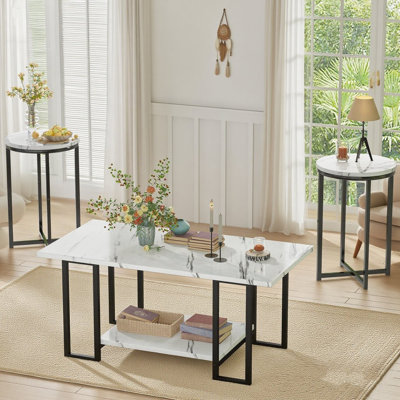Faux Marble Coffee Table, Coffee Table Set Of 3 With 2 Round End Side Tables, Modern Living Room Table Set With Metal Frame For Apartment Home Office by Wrought Studio