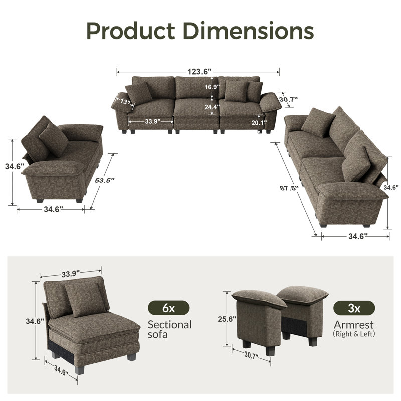 Ensemble de canapé modulaire rembourré 3 pièces, ensemble de canapé surdimensionné avec canapé, causeuse et fauteuil