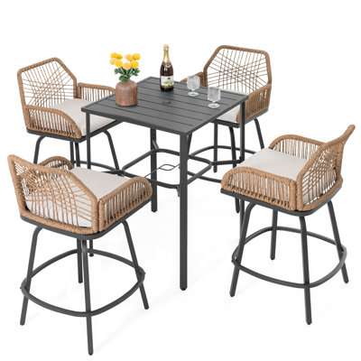 5PCS Swivel Patio Bar Set with Cushions, Handwoven Twisted Rattan Design