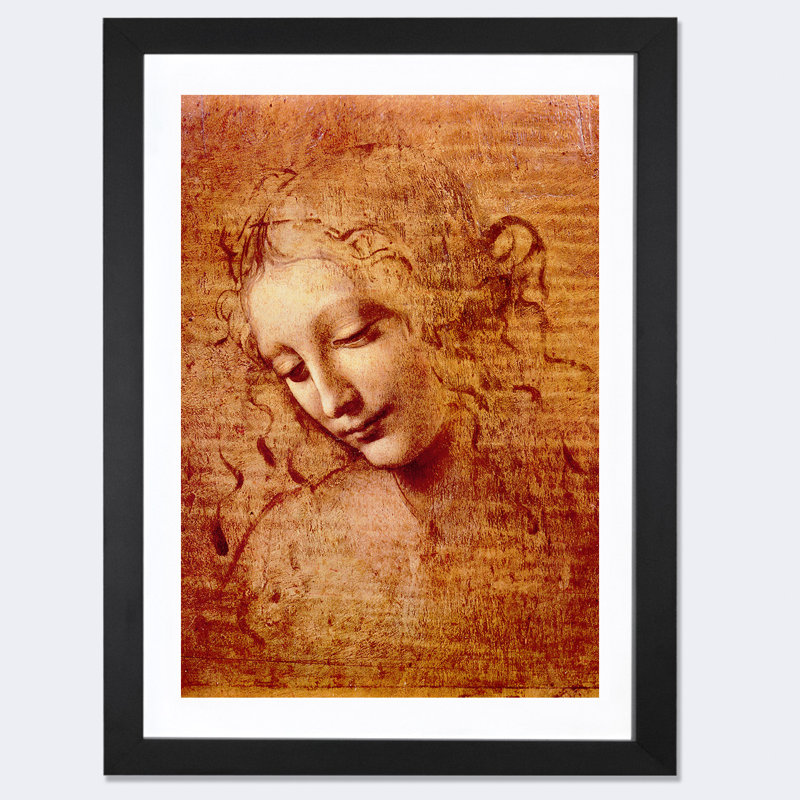 Tête de femme par Leonardo da Vinci - reproduction, H 24 po x l 16 po x P 1 po, Papier encadré noir