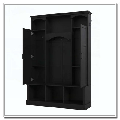 Modern All-in-One Hall Tree with Adjustable Shelves, Classic Arched Farmhouse Storage Bench with Dual Side Cabinets