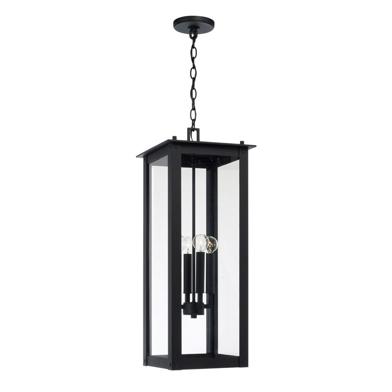 11" W x 28.5" H 4-Light Outdoor Rectangular Hanging Lantern with Clear Glass, Black