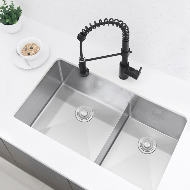 Évier de cuisine à double cuve encastrable 32 po x 18 po, calibre 16, acier inoxydable, brossé 60/40