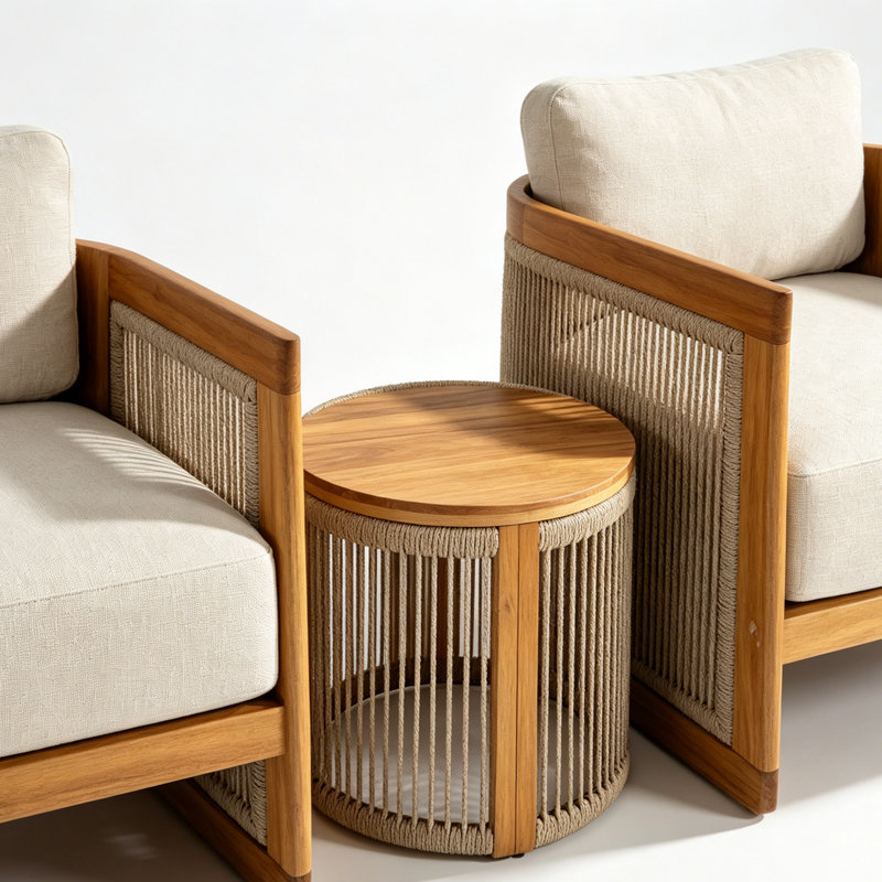Ensemble de conversation d'extérieur en bois d'acacia avec coussins crème Guzal