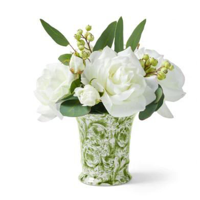 Roses And Eucalyptus In A Green And White Vase