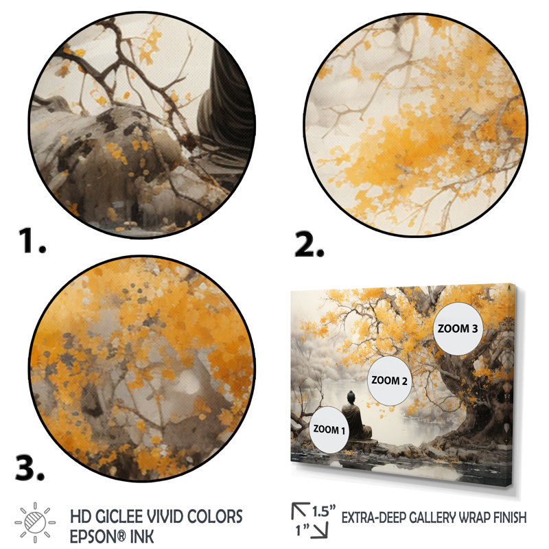 Décoration murale bouddhisme gris et jaune II - Bouddhisme, H 24 po x l 32 po, Toile tendue, Sans cadre