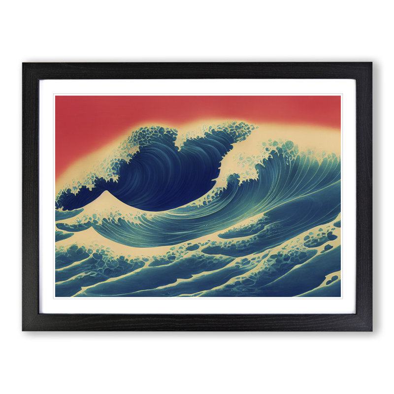 Japanese Wave Sunset - Single Picture Frame Print, 46cm H x 64cm W x 2cm D, Black