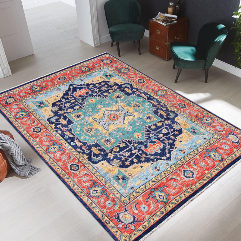 Tapis rouge / bleu marine en laine et en coton noué à la main de style oriental 8 pi 1 po x 10 pi 2 po Oriental
