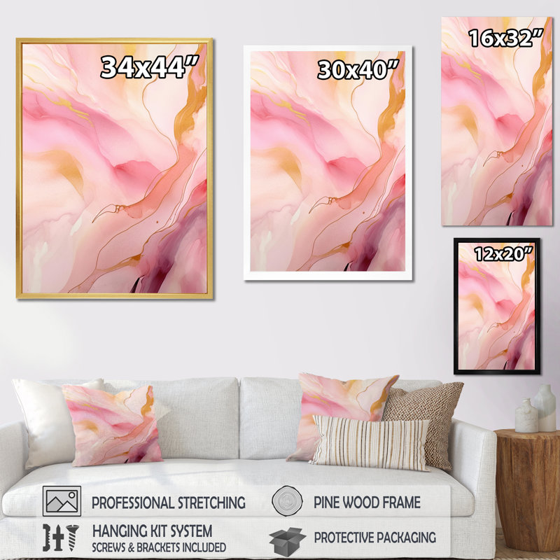 «Pink and Gold Enchanted Spills VI», reproduction sur toile abstraite, H 32 po x l 24 po x P 1 po, Cadre simple noir