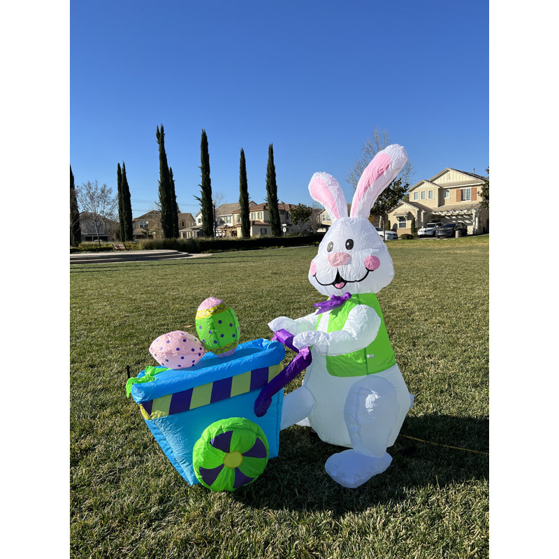 4 Foot Tall Happy Easter Lighted Bunny Rabbit Pushing Cart with Eggs Indoor / Outdoor Blow Up Yard  Decoration, 48"D