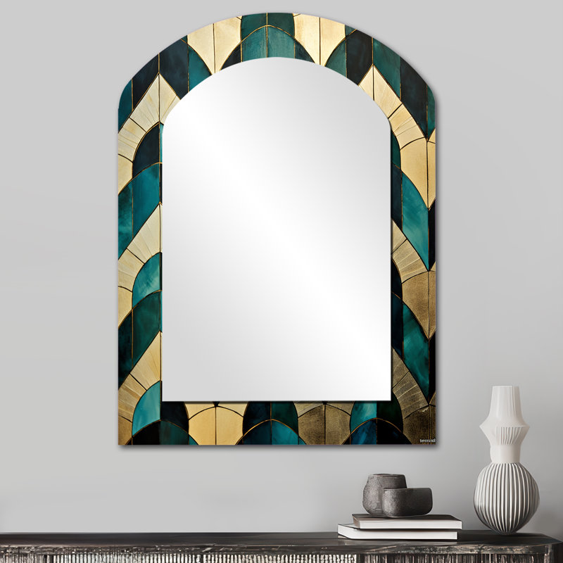 Emerald And Golden Arches II - Miroir décoratif à arche abstraite sur métal, 34 po x 25 po