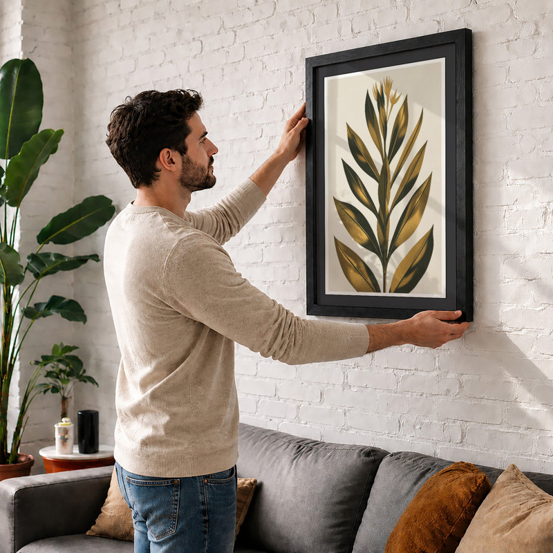 Single Stem in Gold Botanical - Framed Print, A4 - 29.7 x 21.0 cm, White