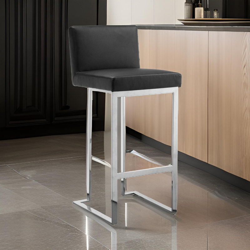 Pangea Home Dexter Faux/Vegan Leather Bar Stool - 30" Seat Height – Modern Upholstered Bar Chair with Steel Metal Legs - Indoor - Bar, Dining, Kitchen - Black with Silver Legs