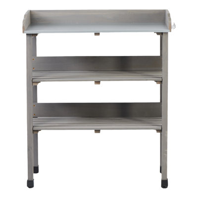 30.5L14.6W35.5H Potting Table With Metal Surface, 3 - Tier Outdoor Work Bench For Garden, Solid Wood Workstation, Design Workspace And Storage, Built In Hooks Accessories, Adjustable Feet Stability