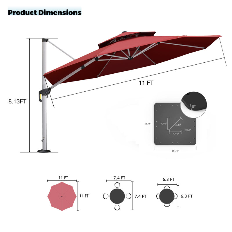 Parasol rond 11 pi avec comptoir et base en tôle d'acier Yumalay, rouge, Terra