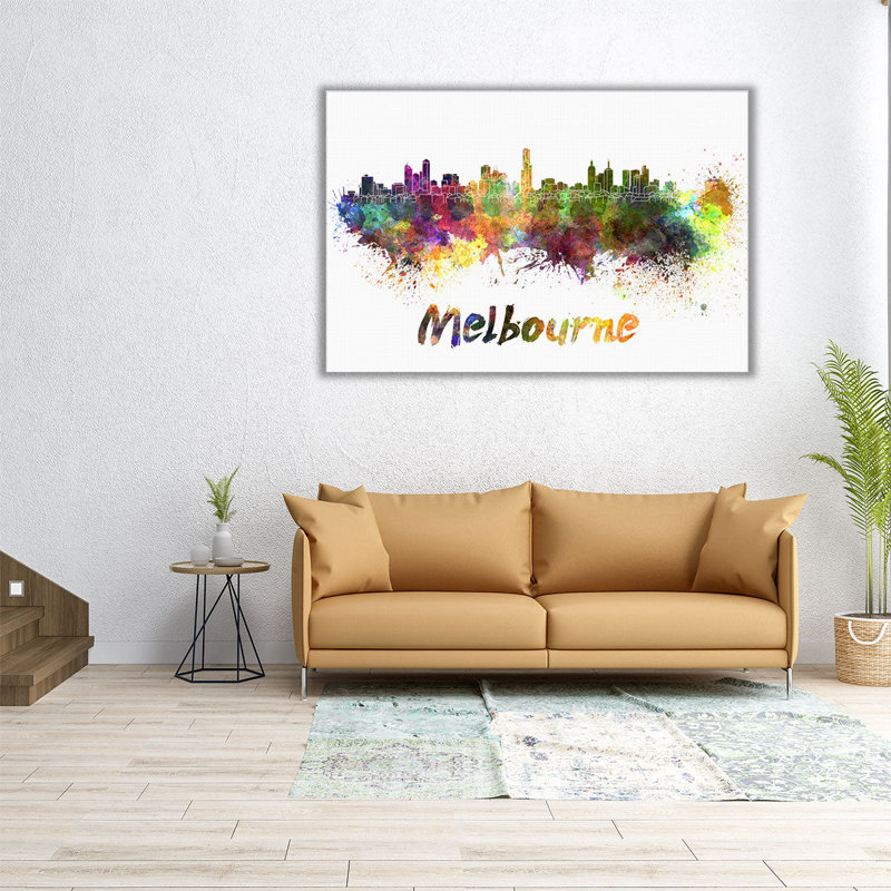 «Melbourne Skyline in Watercolor», reproduction d'art sur toile, H 16 po x l 24 po