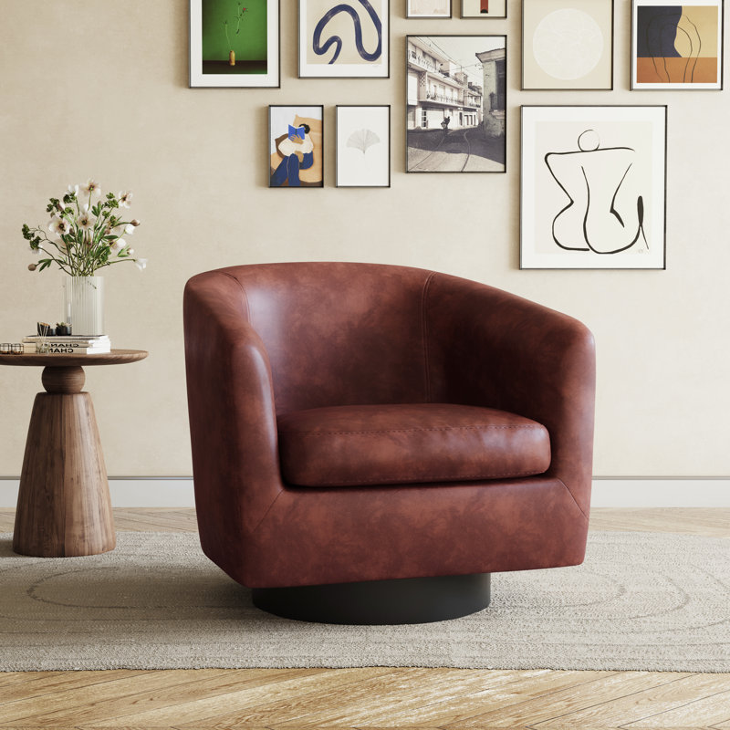 Bennett 79Cm Wide Swivel Barrel Chair, Red Brown Faux Leather