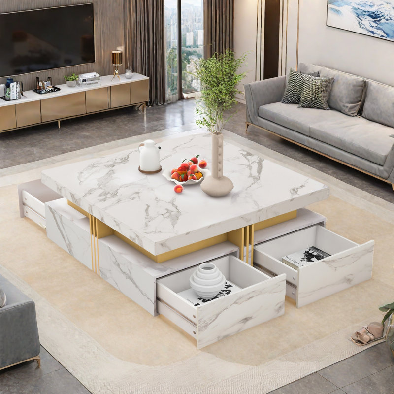 Modern Square Storage Coffee Table with 4 Drawers Contemporary Storage Table Cocktail Table Living Room Table, White Marble