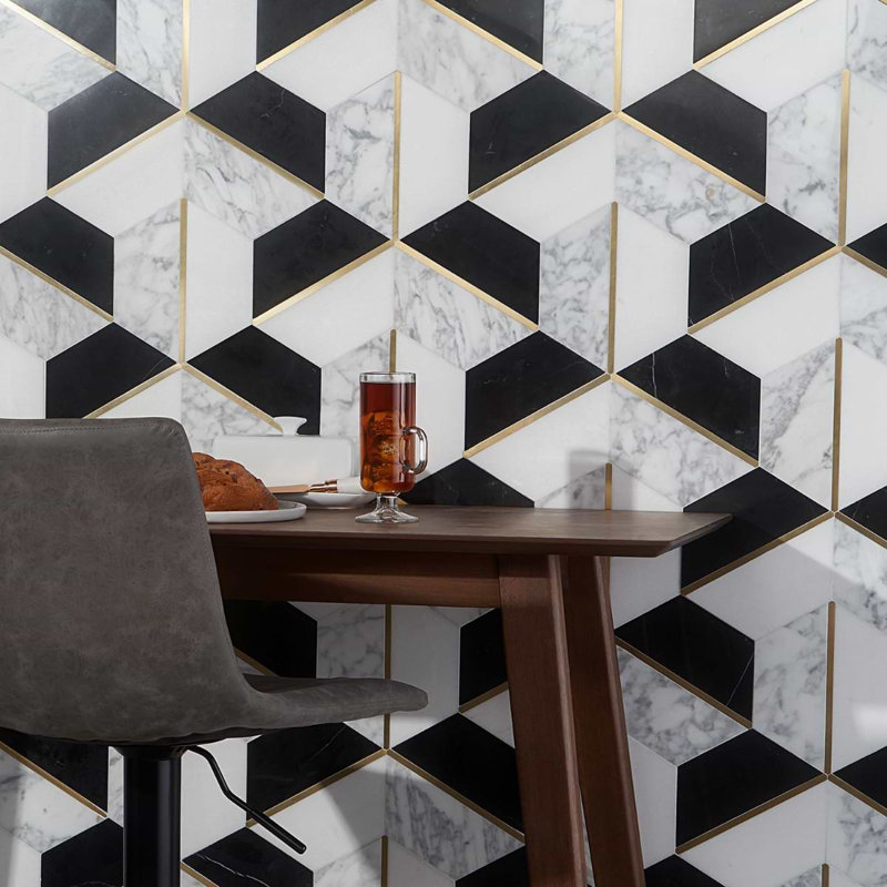 Decade Polished Marble And Brass Mosaic, Nero Blanco
