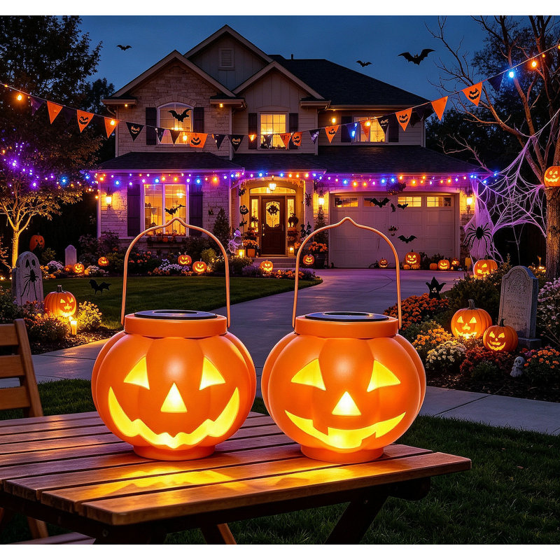 Ensemble de 2 lanternes solaires citrouilles d'Halloween, décor extérieur imperméable pour cour, pelouse et sentier