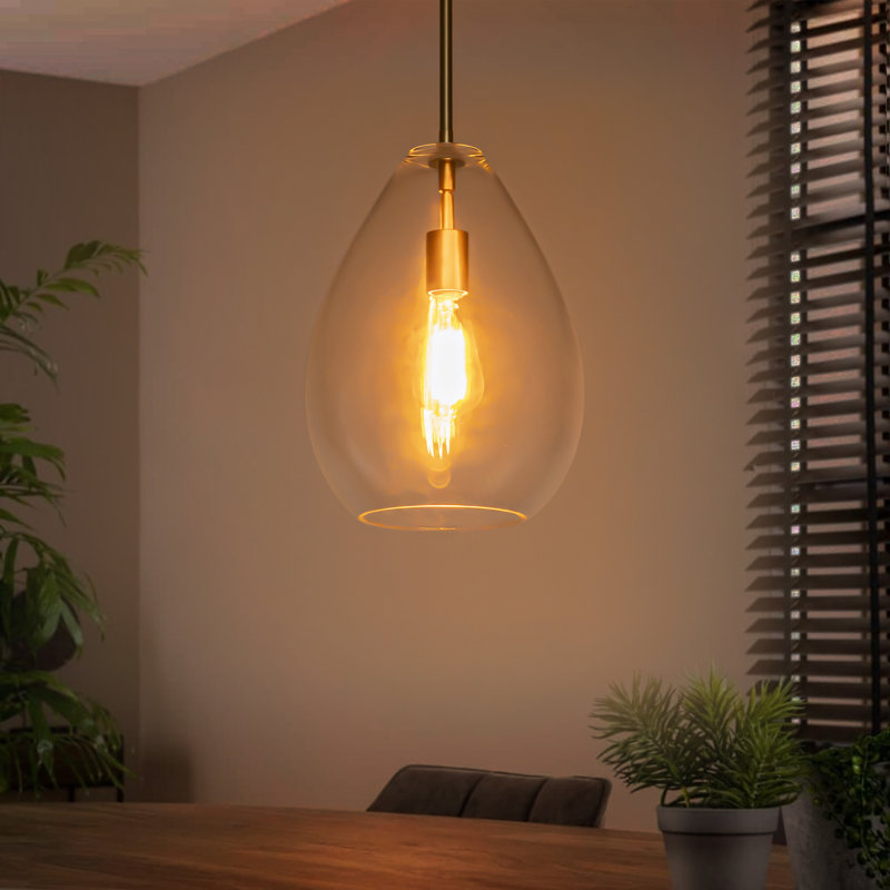 Glowlite 1-Light Single Clear Glass Teardrop Pendant, Brushed Gold