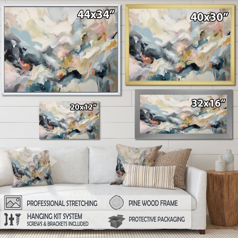 «Grey and Blue Vivid Waves Fuild I», art mural abstrait, Cadre d'angle fermé noir, H 30 po x l 40 po x P 1,5 po