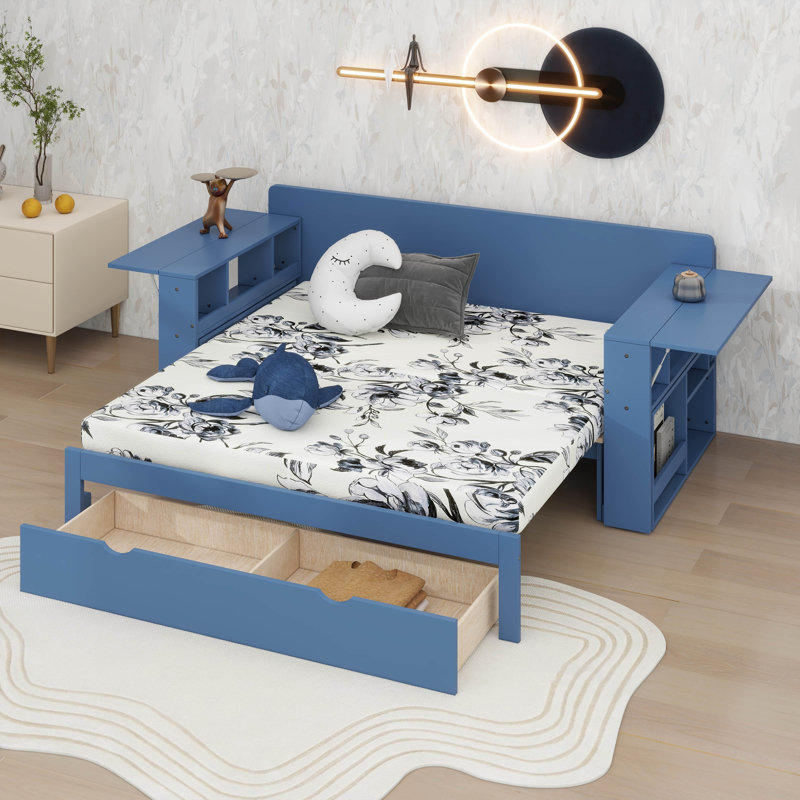 Lit de jour avec bureau amovible - Tiroirs de rangement et table d'appoint hydraulique, Bleu, Double