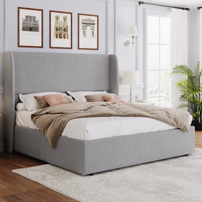 Upholstered Lift-Up StorageBed with Wingback Headboard,Queen,Light Gray