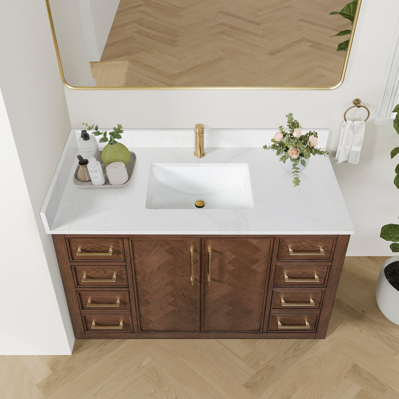 Meuble-lavabo simple 48 po avec plateau en pierre de quartz blanc Jakarta, Chêne brun foncé vieilli, Or brossé, 48"