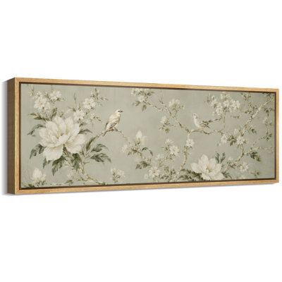 Vintage Floral Branches With Birds Soft Botanical Wall Decor - Large Framed Canvas Master Bedroom Wall Art Print