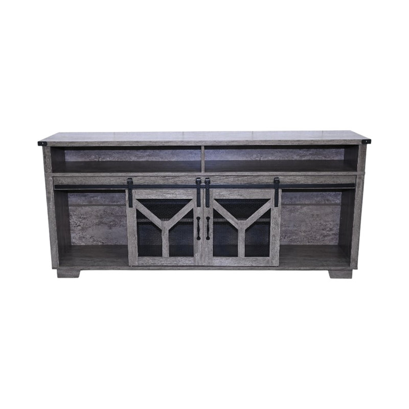 Tv Stand, Barn Door, Led Lights, Y - Shaped Decor, Antique Gray Tone, 60 69 Inch Entertainment Setup 65.3" American Traditional Stand With Sliding Barn Door, Strips, And Decorative Strip, Gray Tone,